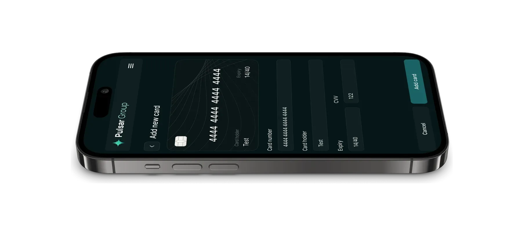 A pair of phones, one adding a card and the other showing a crypto deposit address and its QR code