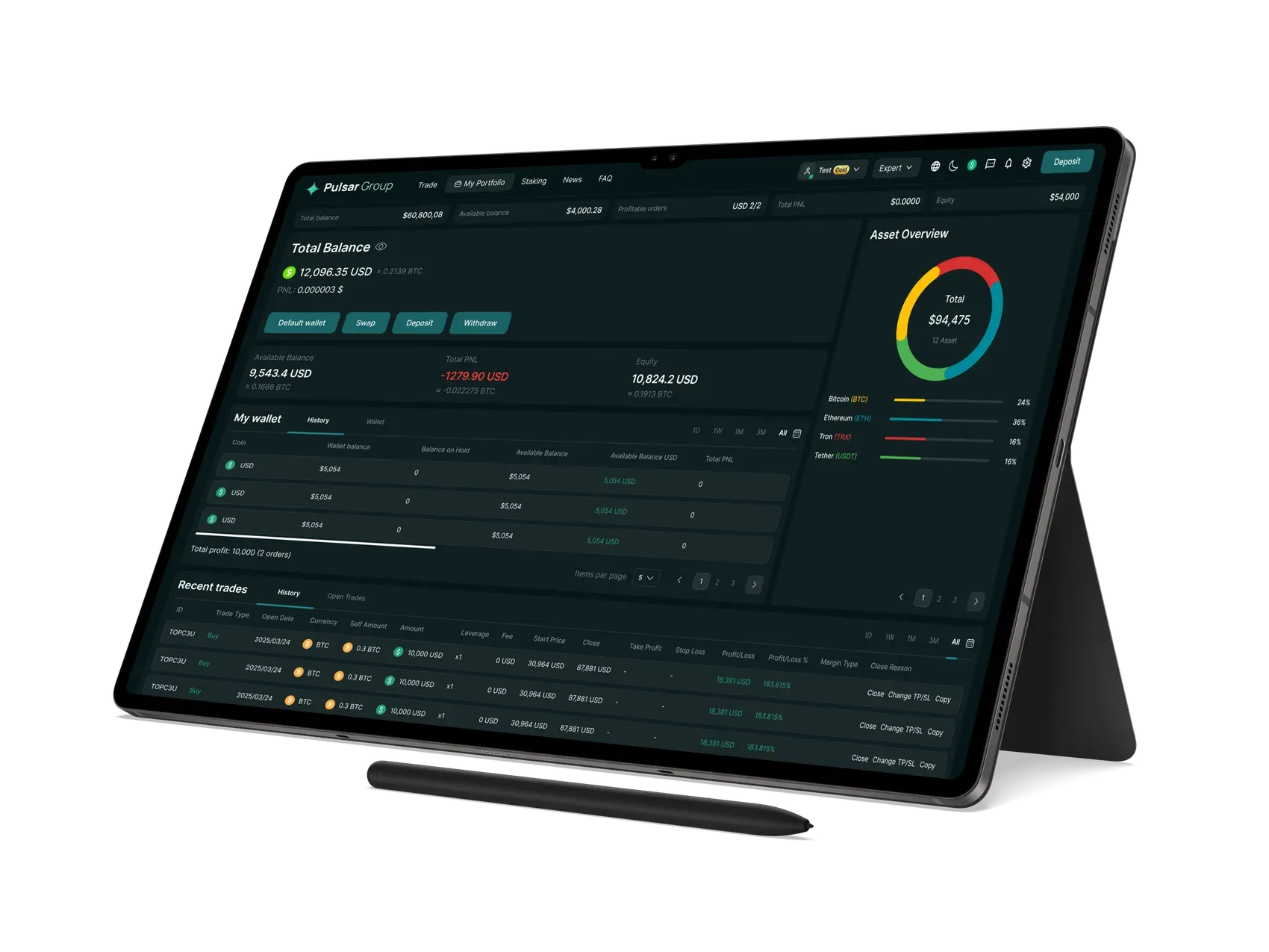 On a tablet: recent trades along the bottom, with the balance and asset overview of the portfolio dashboard above them